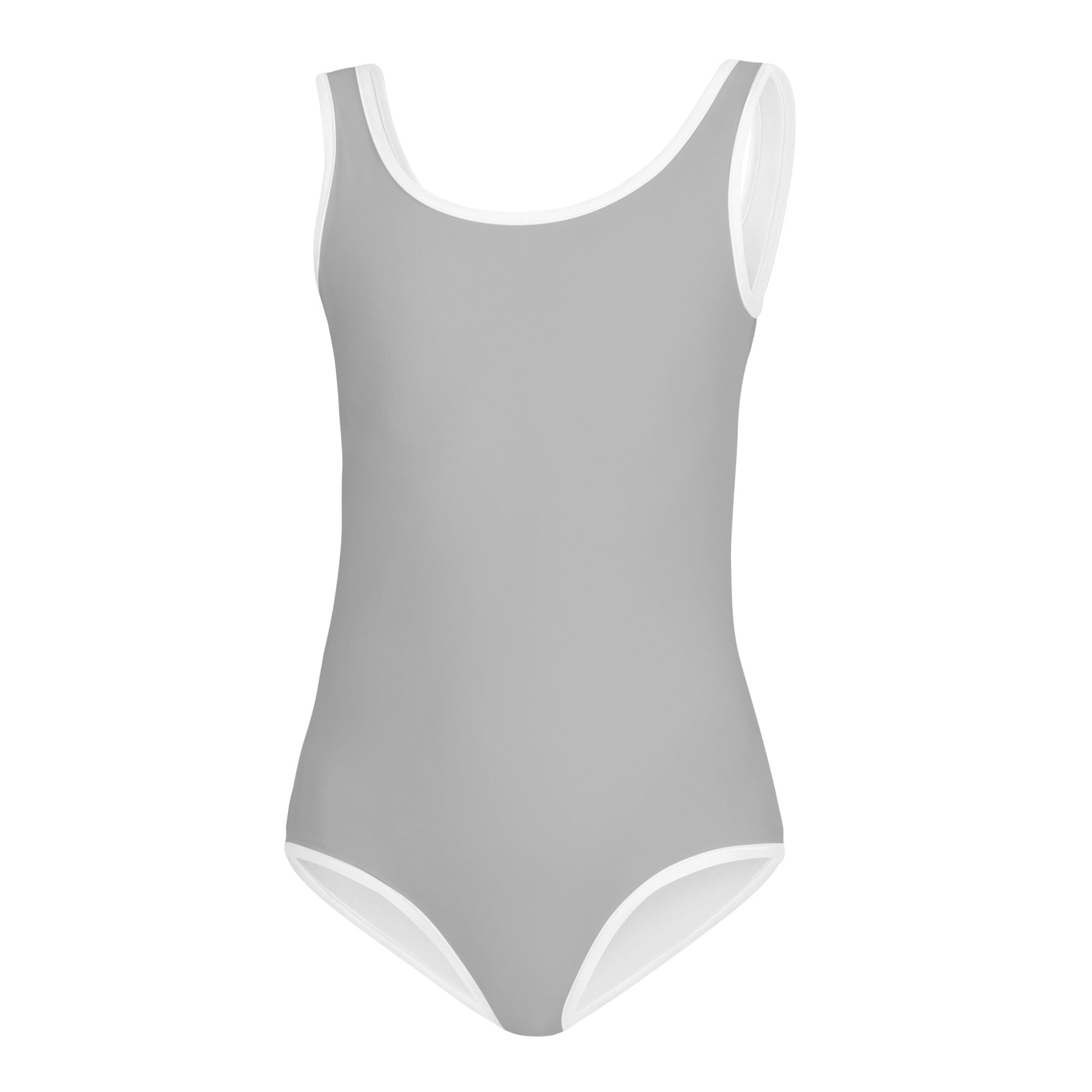 Girls gray buttery soft quick drying leotard with white trim for dance and gymnastics front view