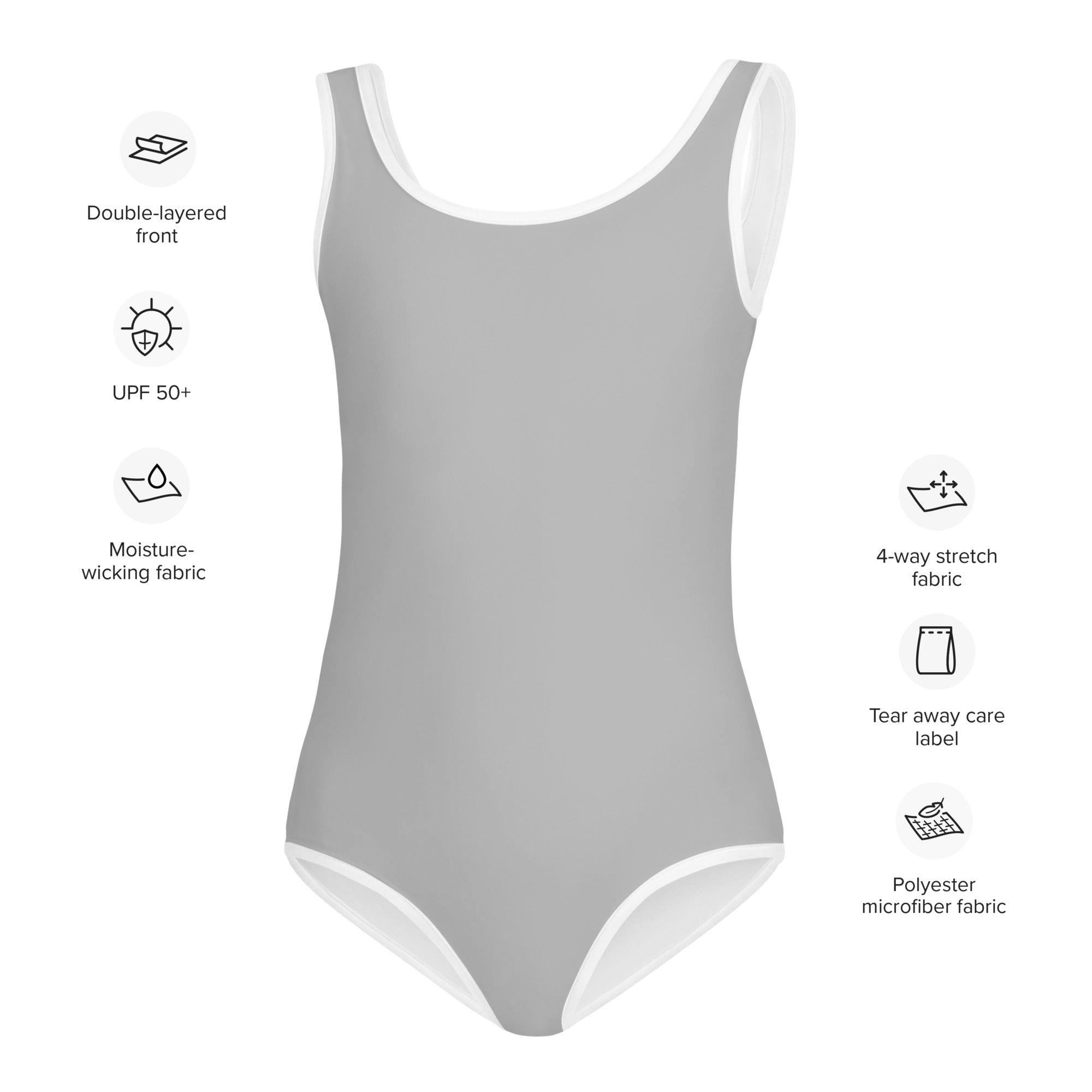 Girls gray buttery soft leotard with white trim in a sleek one-piece quick drying swimsuit for dance and gymnastics