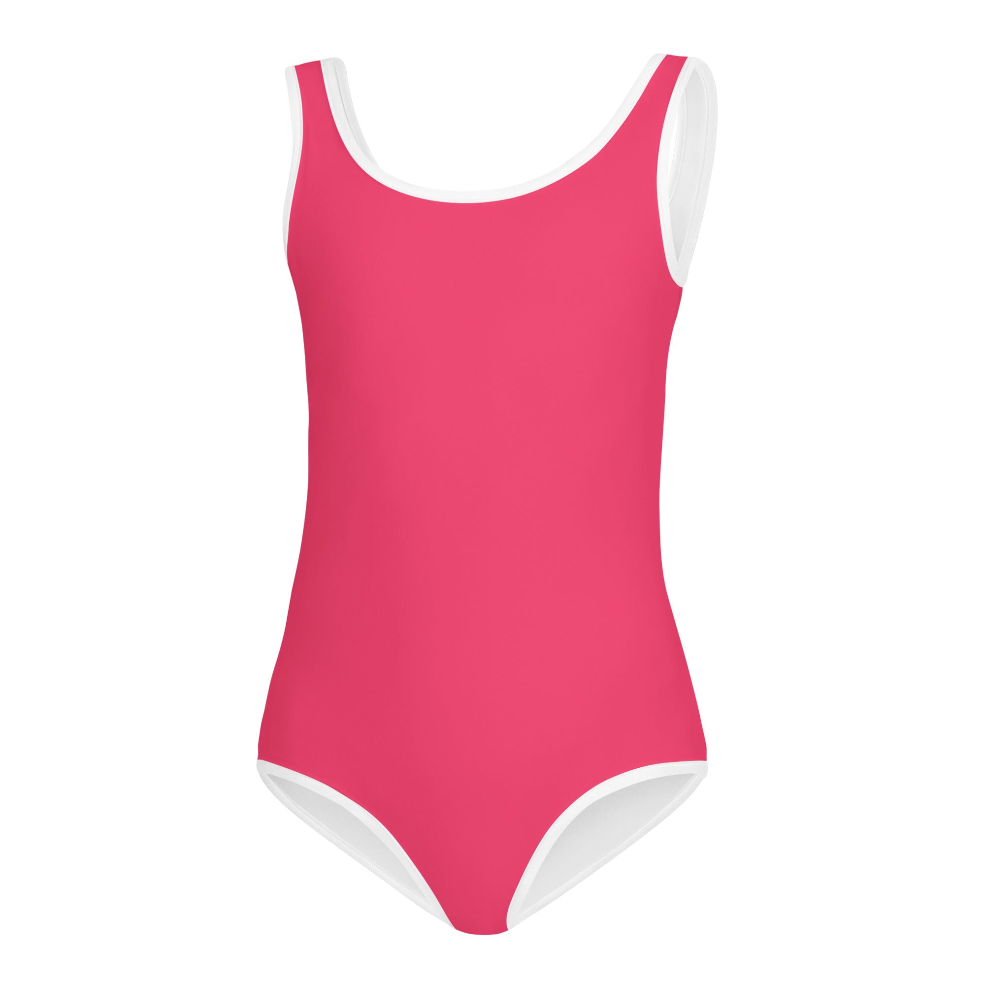 Girls vibrant pink buttery soft quick drying one-piece swimsuit with white trim for dance and gymnastics