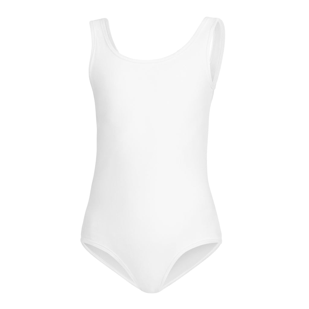 Girls white buttery soft sleeveless one-piece leotard with smooth form-fitting design for dance and gymnastics