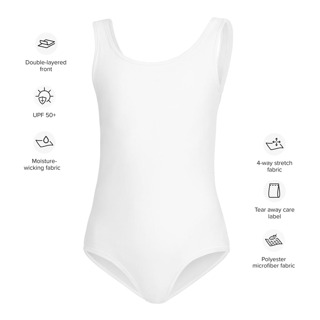 Girls white buttery soft leotard in one-piece with double-layered front made of 4-way stretch polyester microfiber for dance and gymnastics
