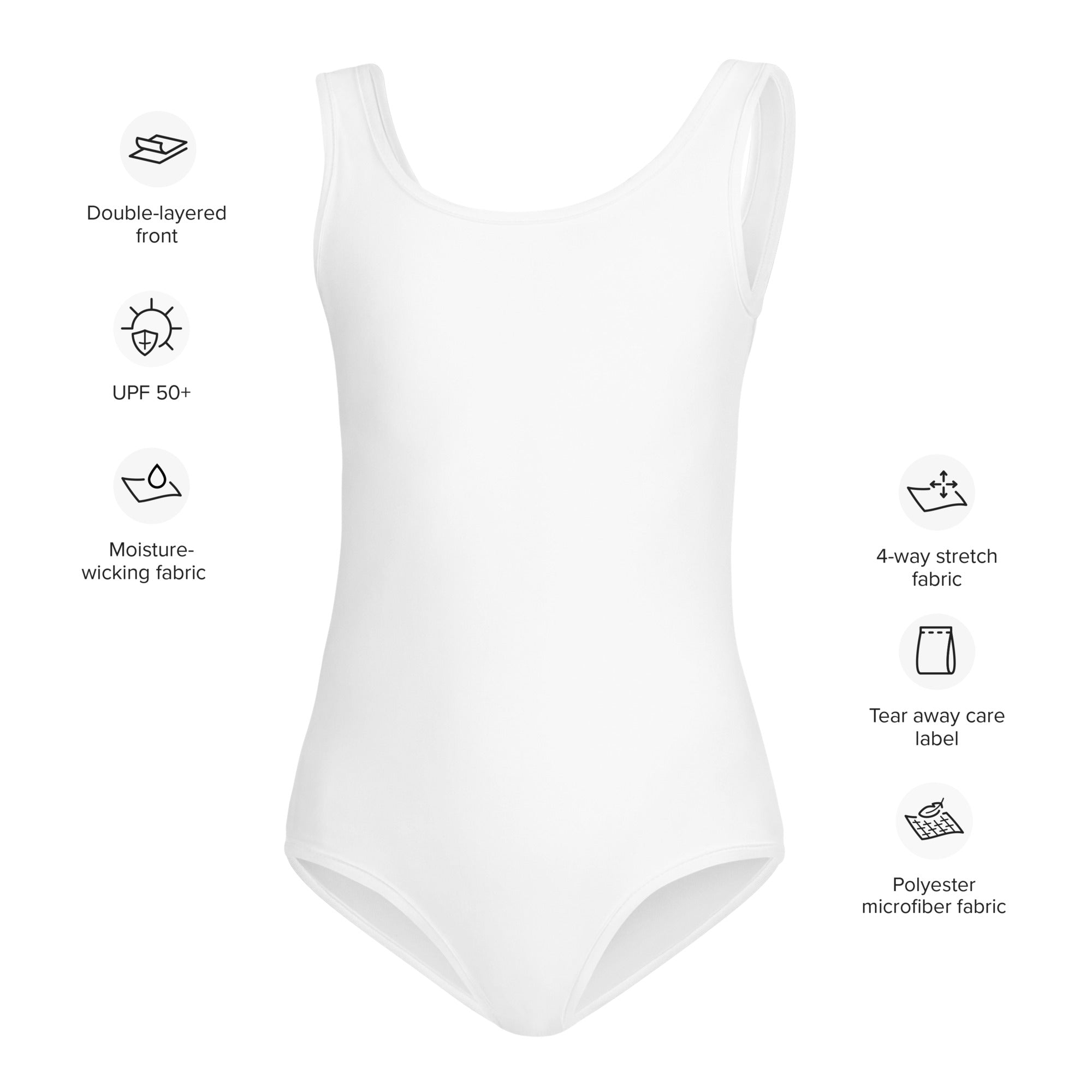 Girls white buttery soft leotard in one-piece with double-layered front made of 4-way stretch polyester microfiber for dance and gymnastics