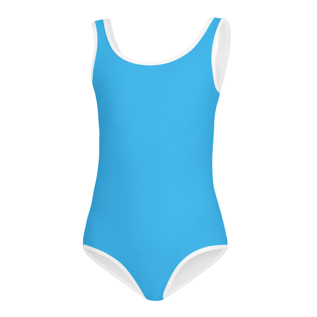 Girls light blue buttery soft one-piece swimsuit with white trim quick drying for dance and gymnastics