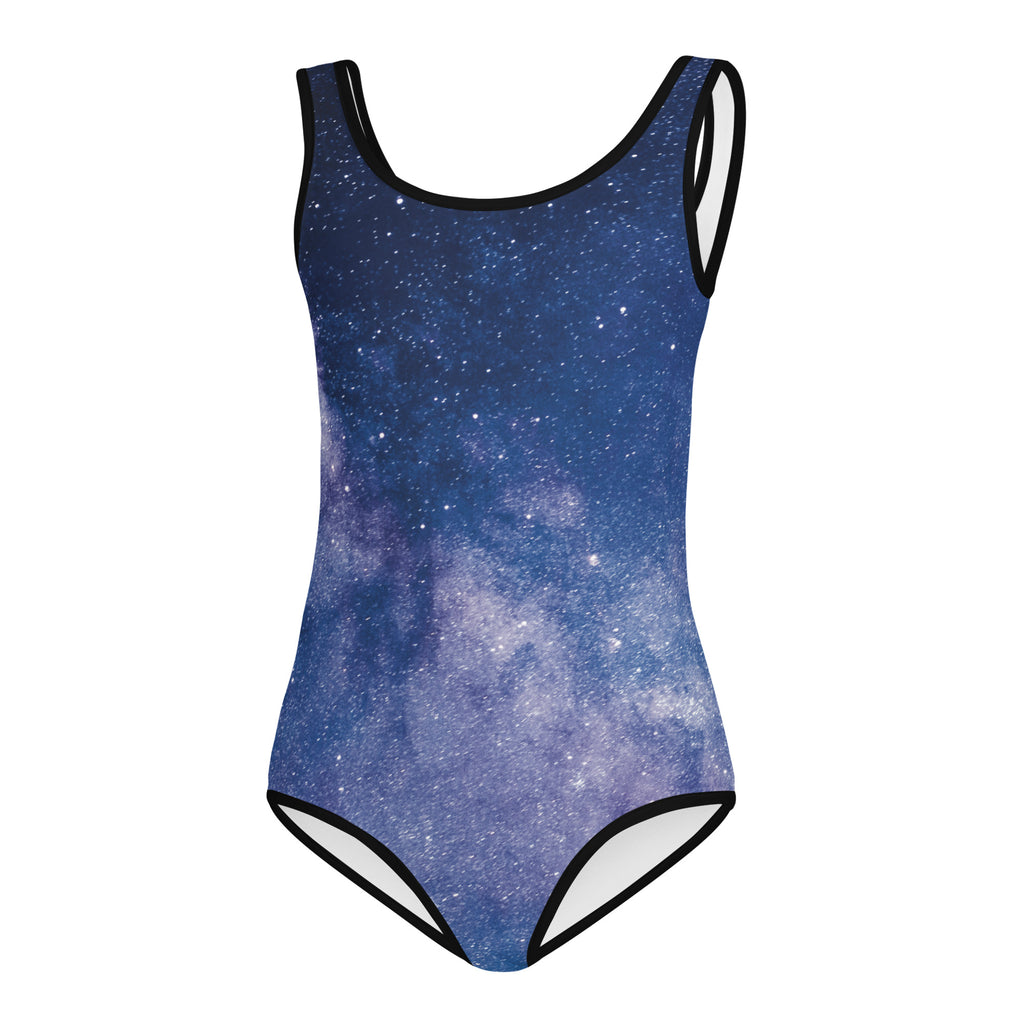 Girls starry night galaxy buttery soft one-piece swimsuit in navy blue and purple with black trim for dance and gymnastics