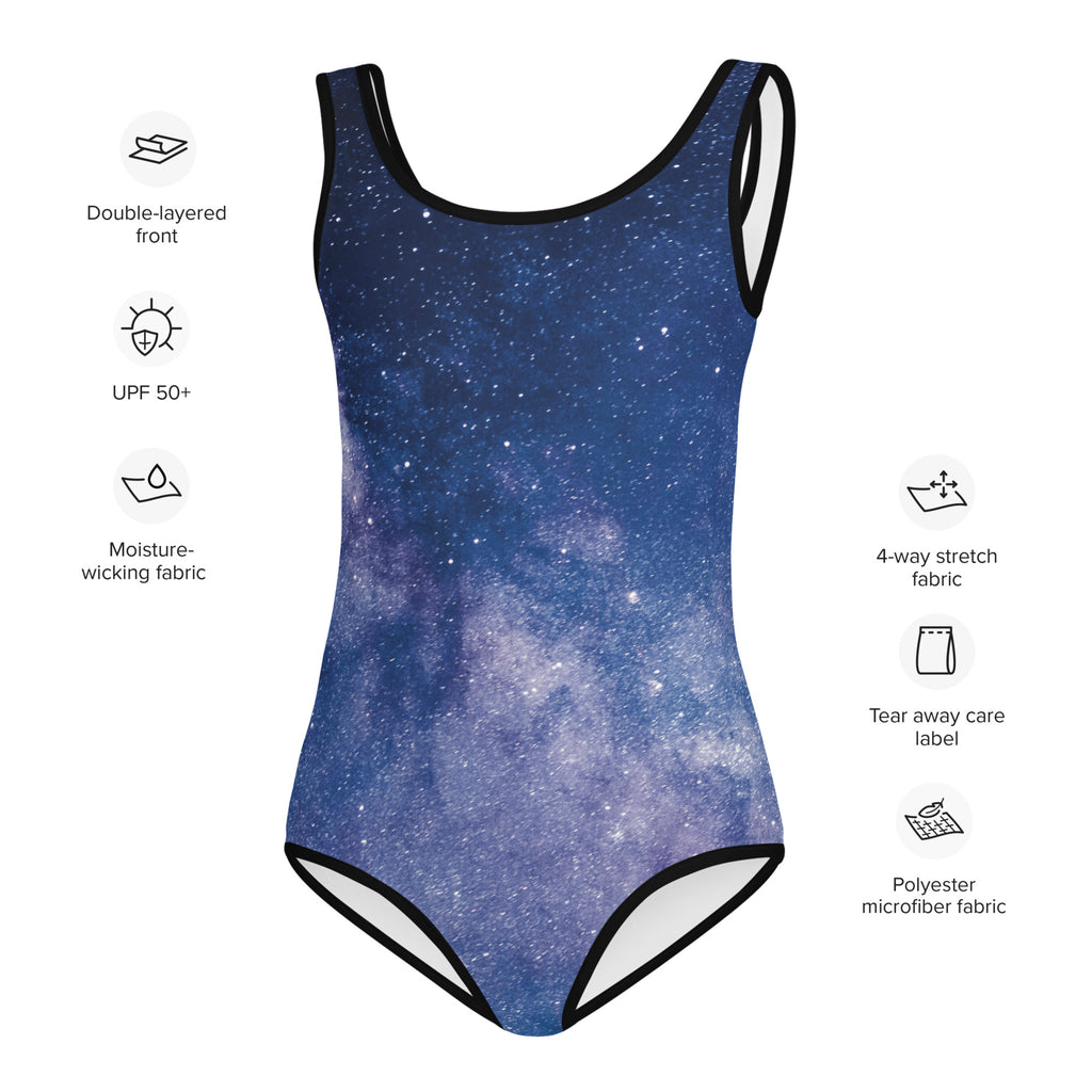 Girls starry night galaxy buttery soft one-piece swimsuit in deep blue and purple with black trim for dance and gymnastics