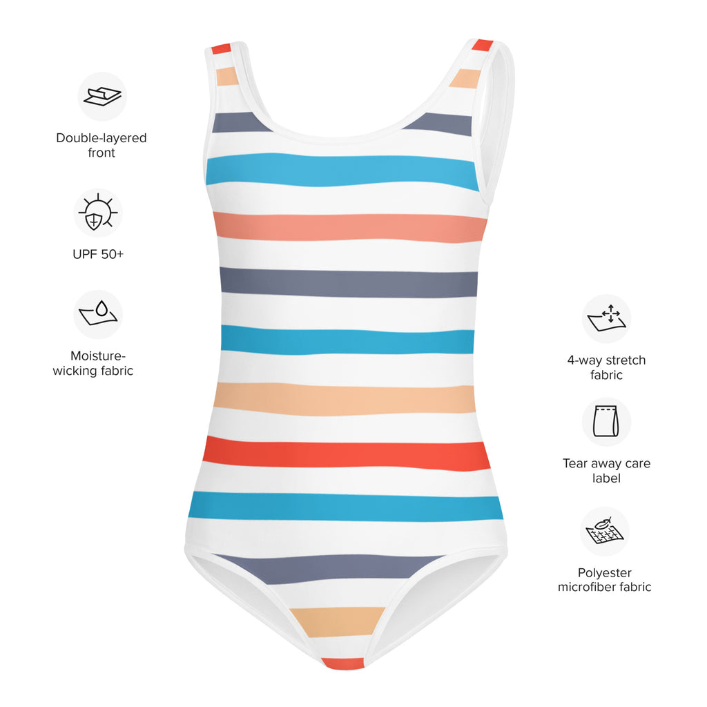 Girls coastal stripes buttery soft one-piece swimsuit with horizontal white teal coral and gray stripes on polyester fabric