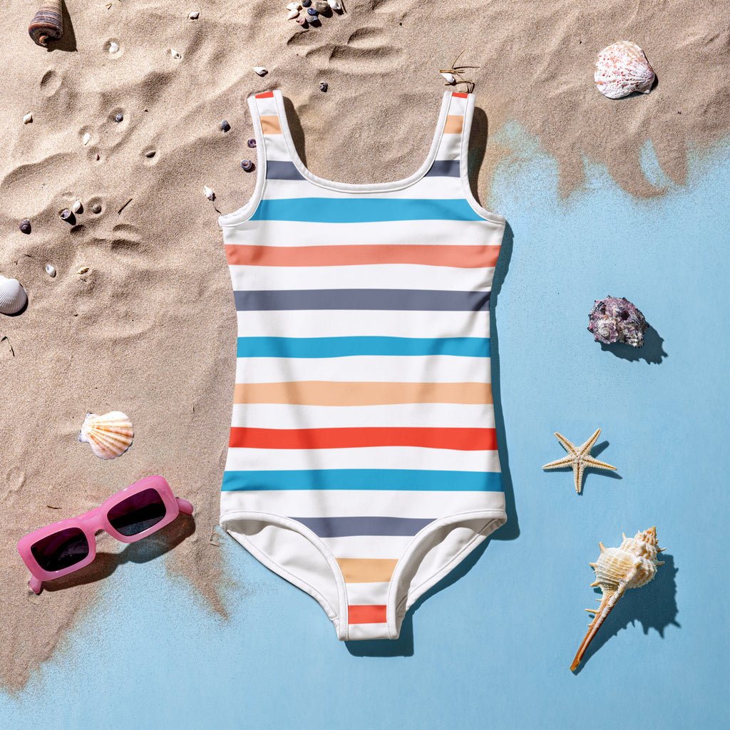 A girls coastal stripes buttery soft one-piece swimsuit with horizontal white coral teal gray stripes and UPF 50+ protection