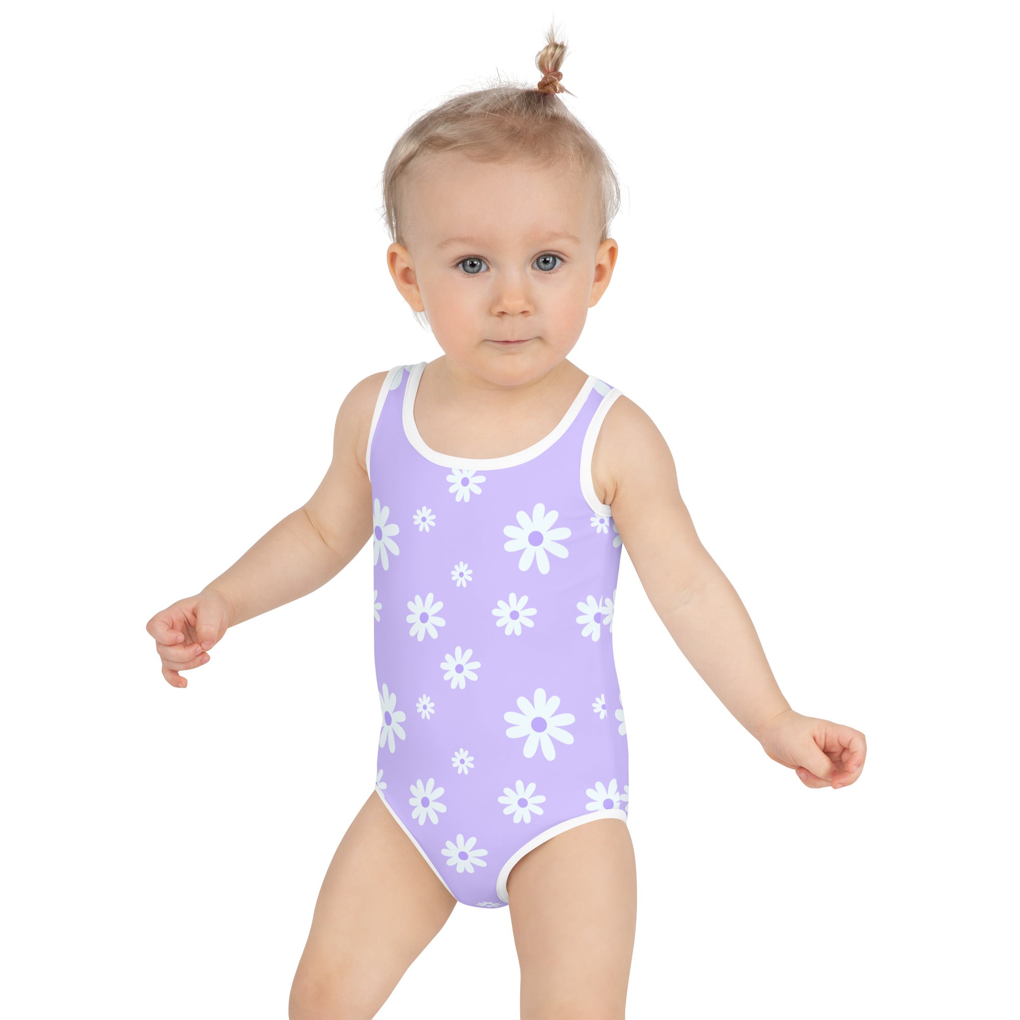 Girls lavender buttery soft one-piece swimsuit with white daisy patterns white trim and UPF 50 plus sun protection