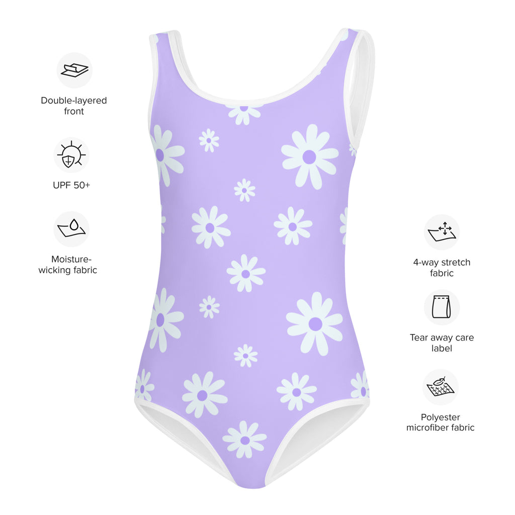 Girls lavender daisy buttery soft one-piece swimsuit with white trim and upf 50 plus for sun protection