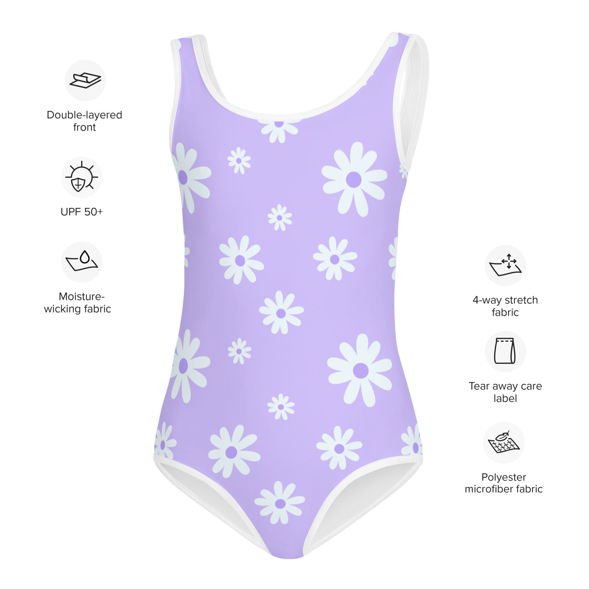 Girls lavender daisy buttery soft one-piece swimsuit with white trim and upf 50 plus for sun protection