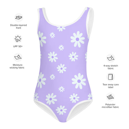 Girls Lavender Daisy Buttery Soft Swimsuit With UPF 50+