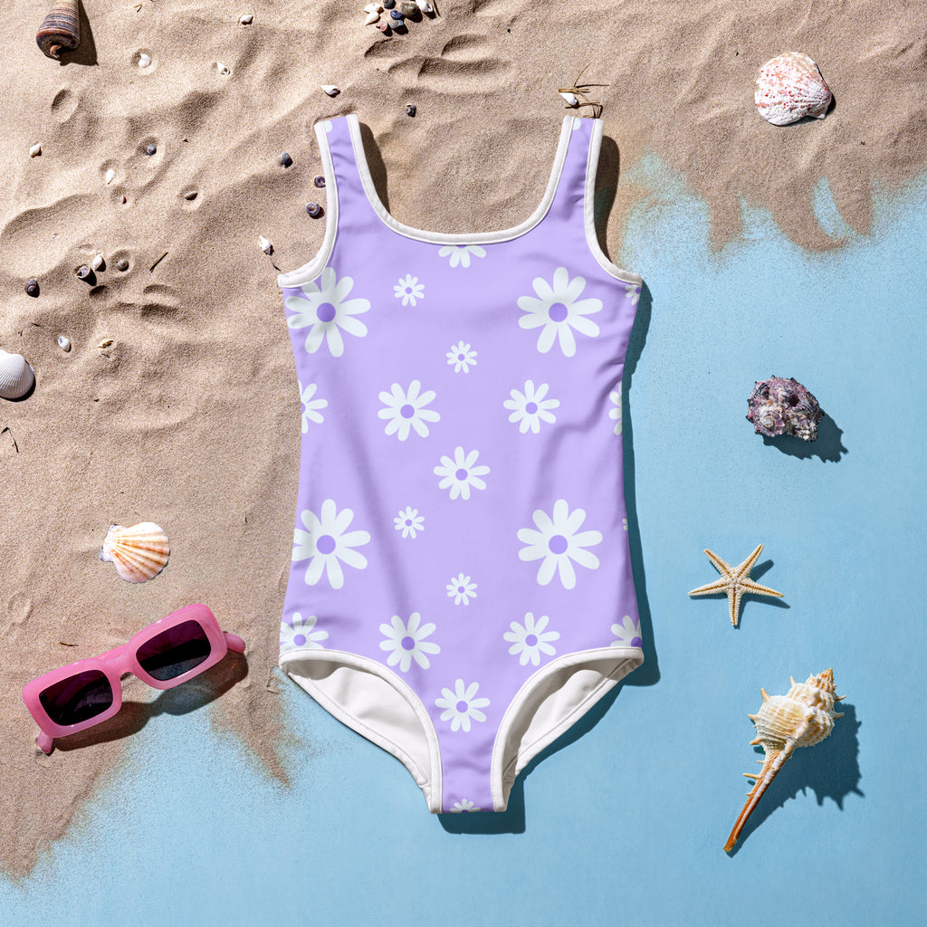 Girls lavender daisy buttery soft one-piece swimsuit with white prints cream trim and upf 50 plus protection