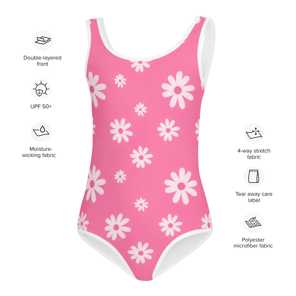 Girls pink daisy buttery soft one-piece swimsuit with white trim and UPF 50 plus sun protection