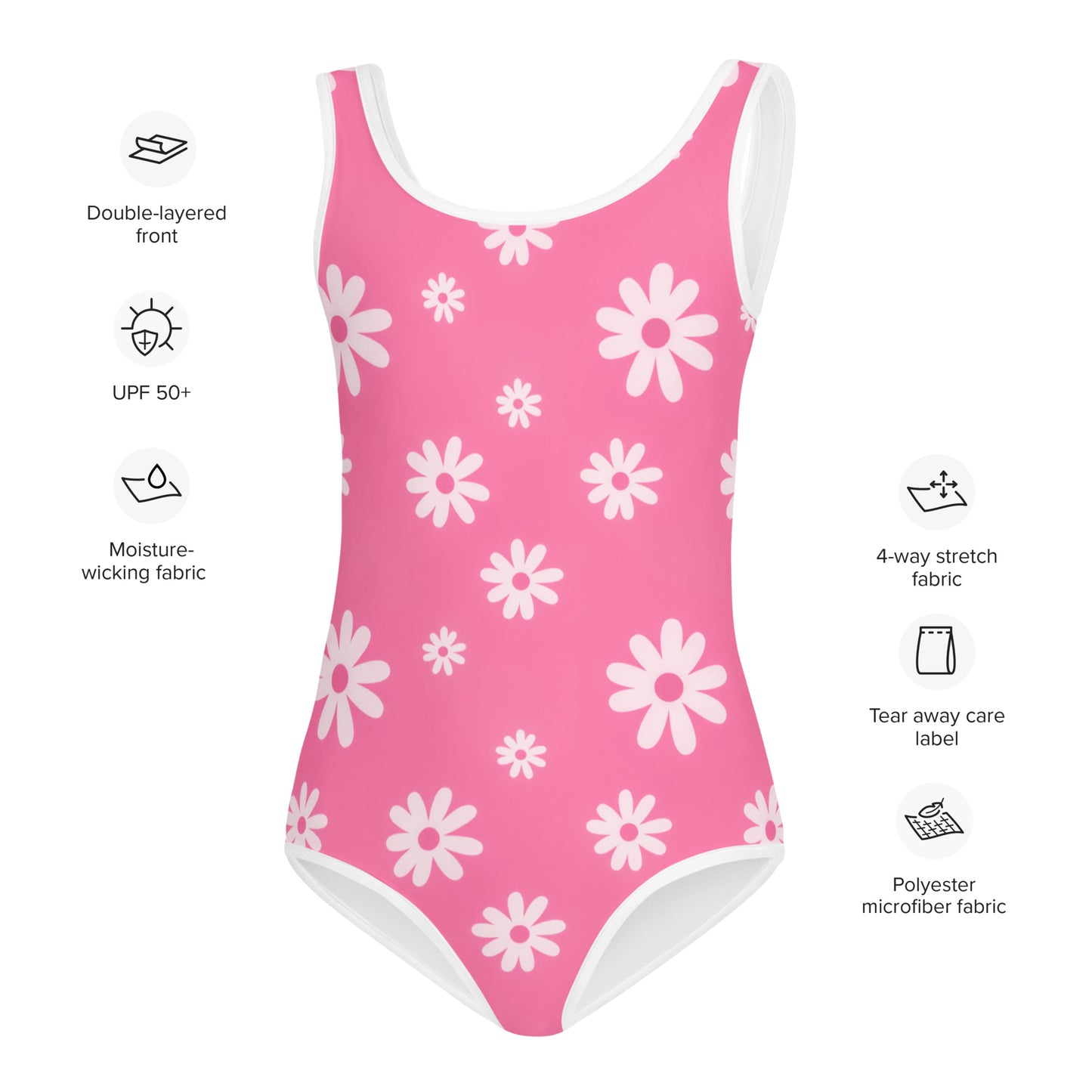 Girls Pink Daisy Buttery Soft Swimsuit With UPF 50+