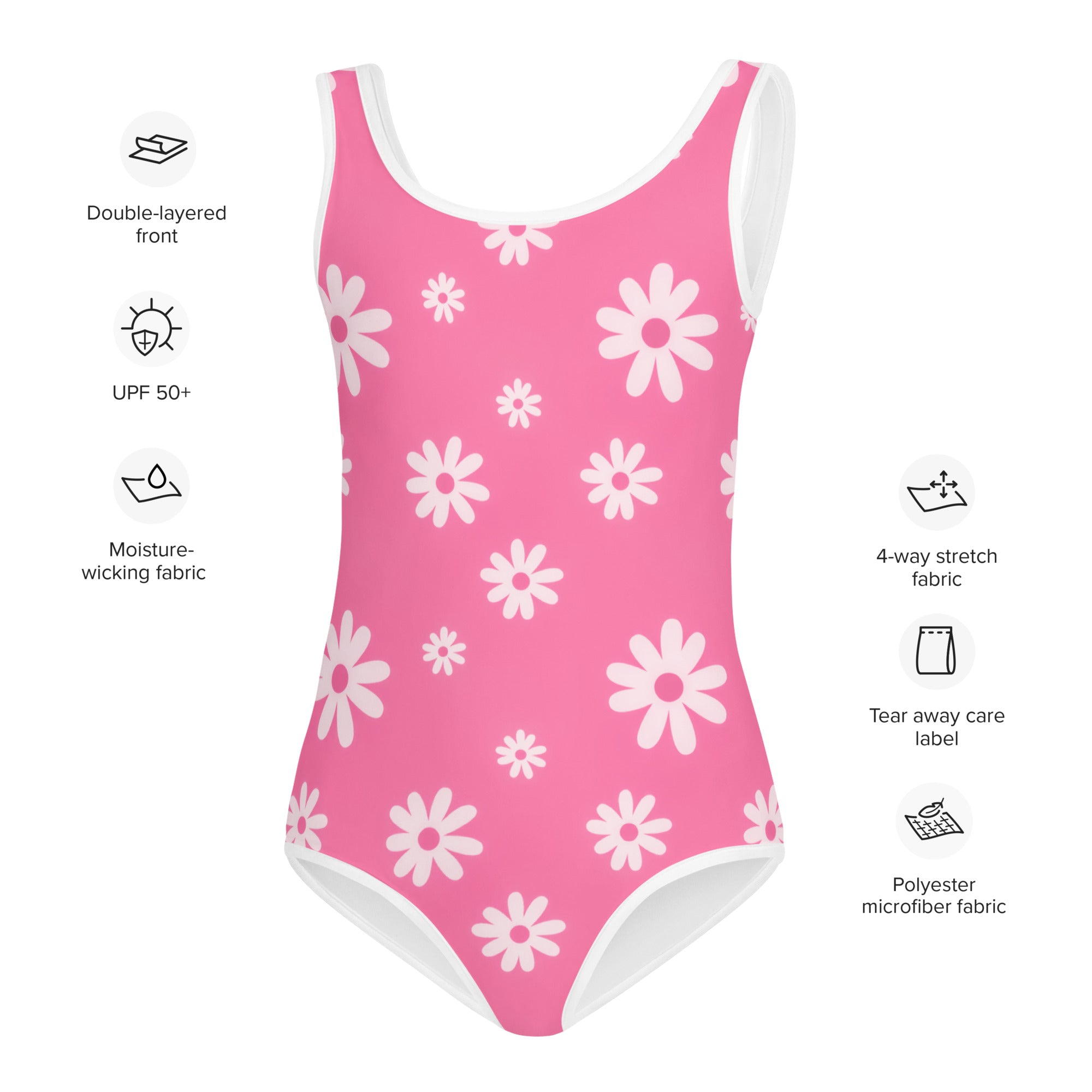 Girls pink daisy buttery soft one-piece swimsuit with white trim and UPF 50 plus sun protection