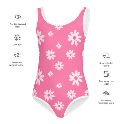 Girls Pink Daisy Buttery Soft Swimsuit With UPF 50+