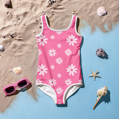 Girls Pink Daisy Buttery Soft Swimsuit With UPF 50+