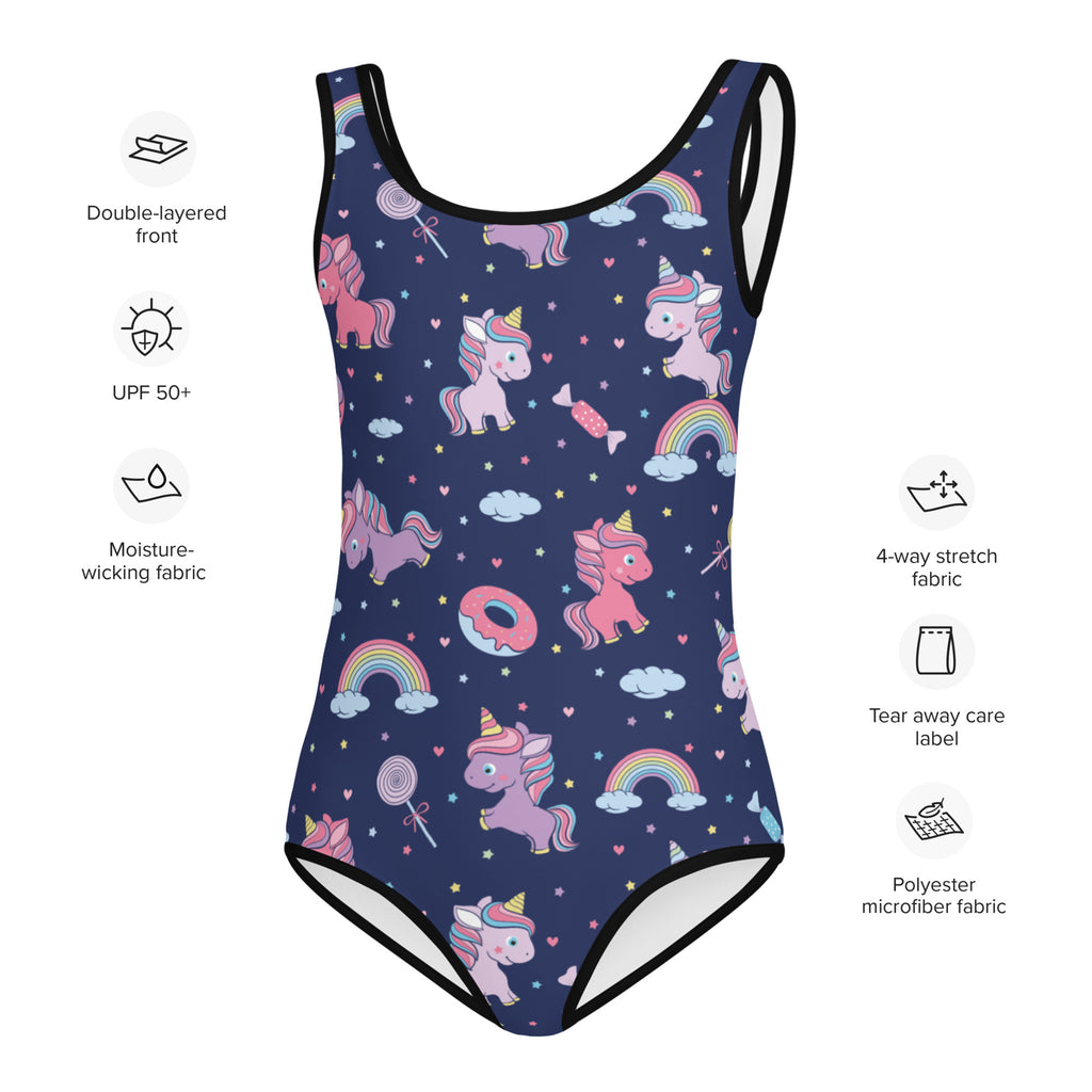 A navy blue girls one-piece swimsuit with magical unicorns rainbows donuts lollipops clouds and UPF 50 buttery soft fabric