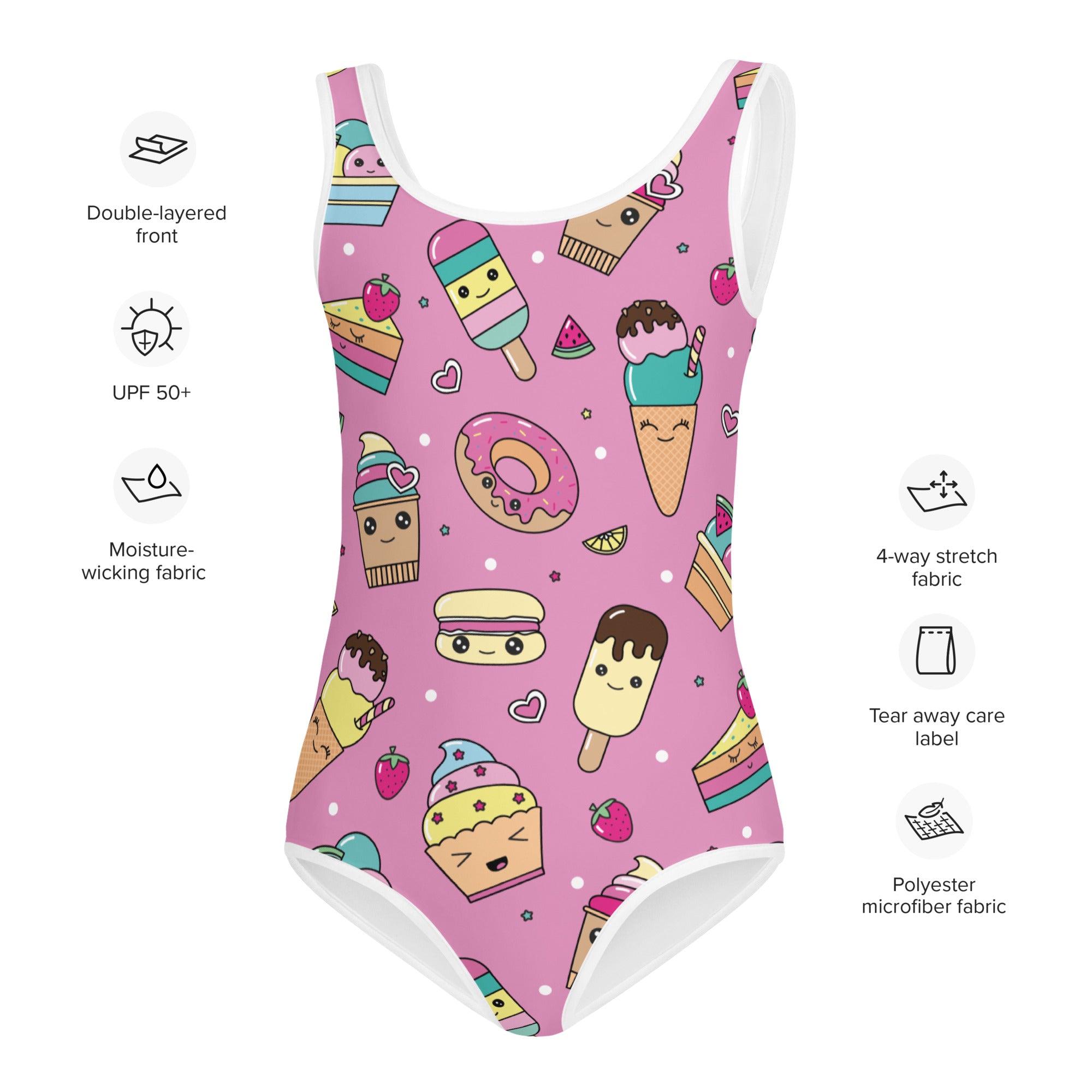 Girls kawaii sweet treats buttery soft pink one-piece swimsuit with upf 50 plus and smiling dessert pattern