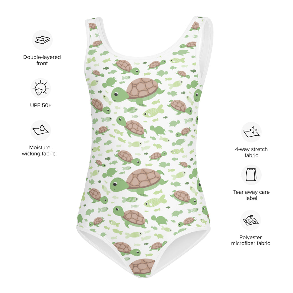 Girls green sea turtles buttery soft white one-piece swimsuit with playful turtle pattern and UPF 50 plus protection