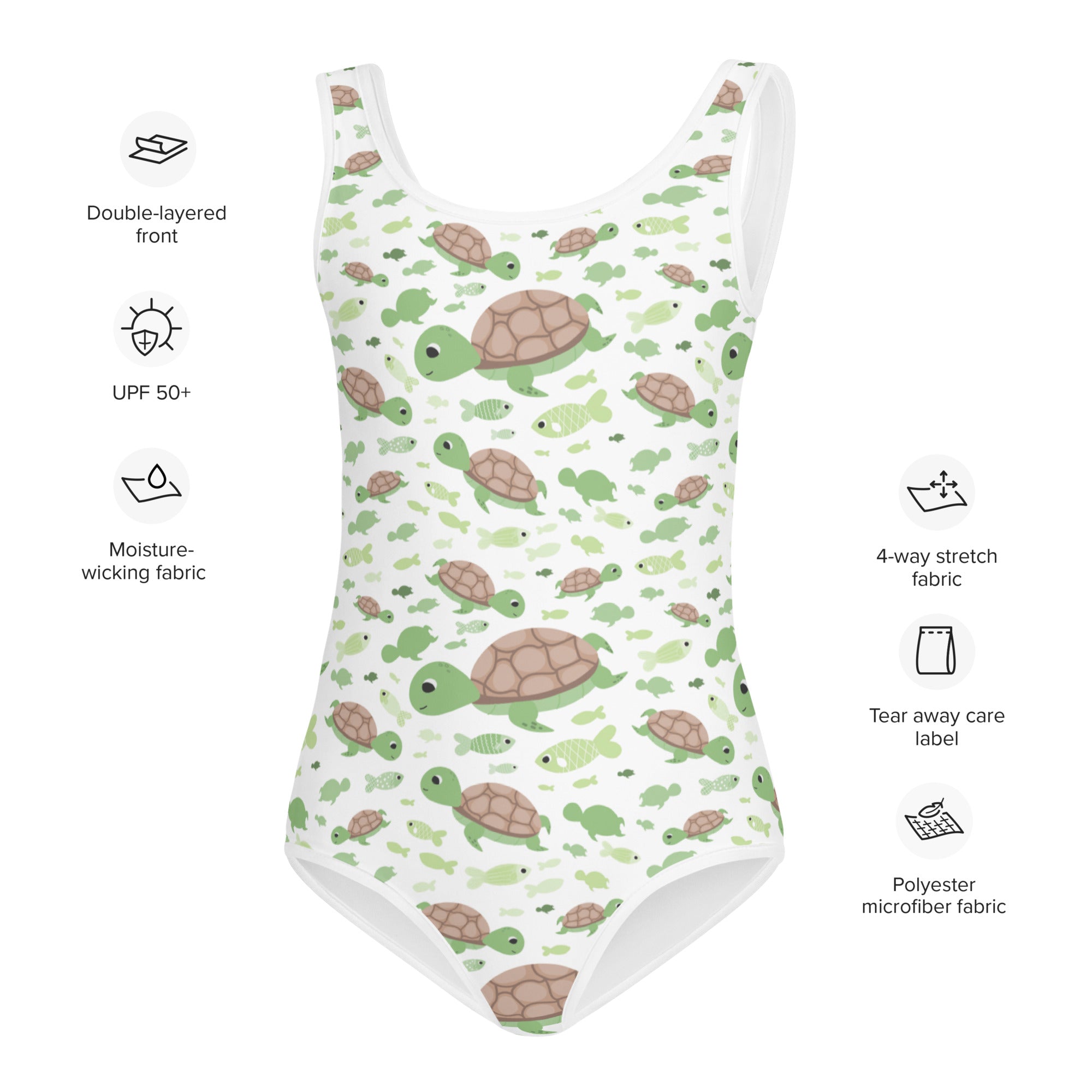 Girls green sea turtles buttery soft white one-piece swimsuit with playful turtle pattern and UPF 50 plus protection