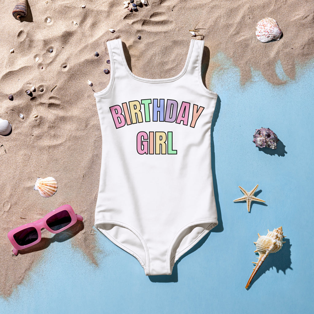 Birthday Girl Swimsuit With Pastel Rainbow Font
