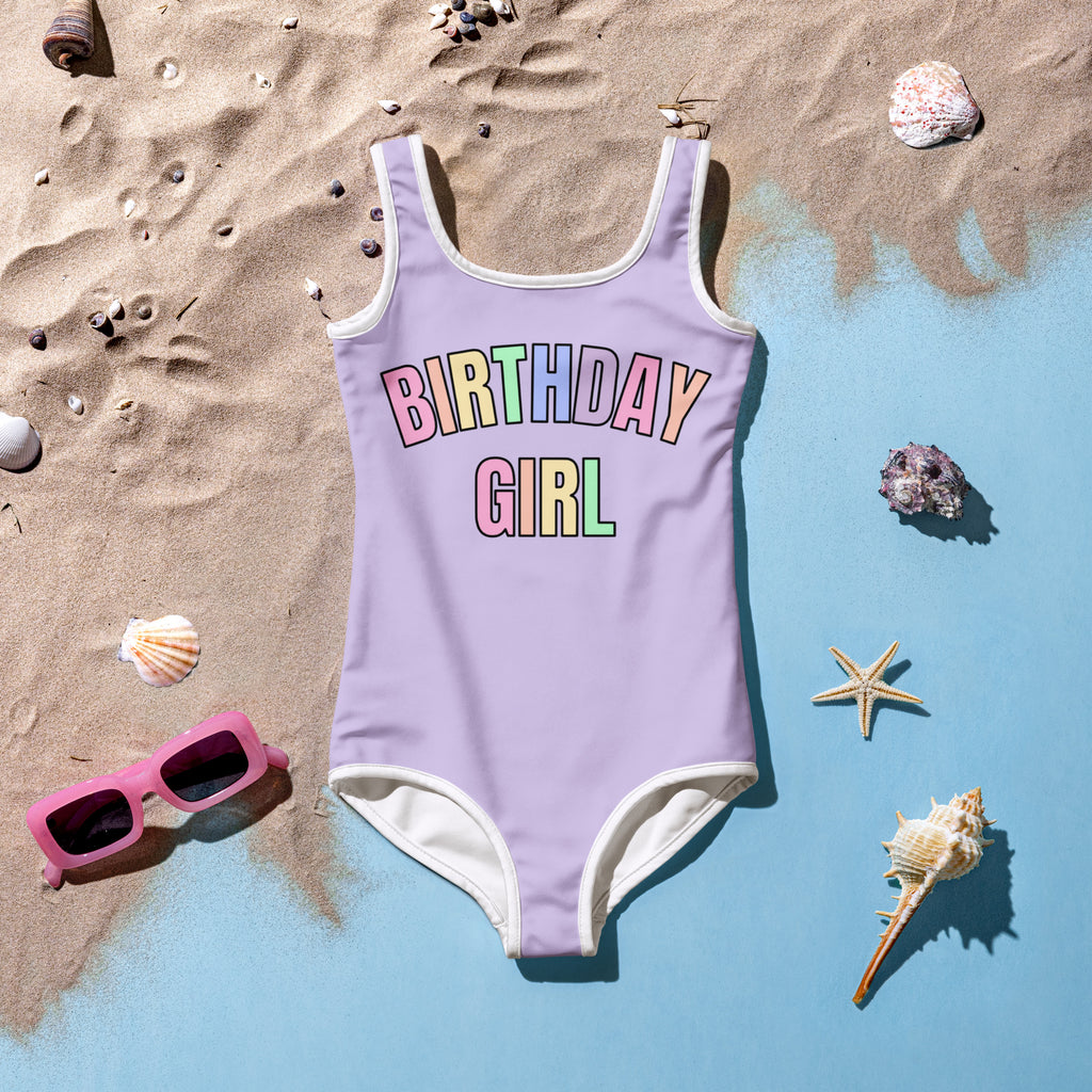 Birthday Girl Swimsuit With Pastel Rainbow Font