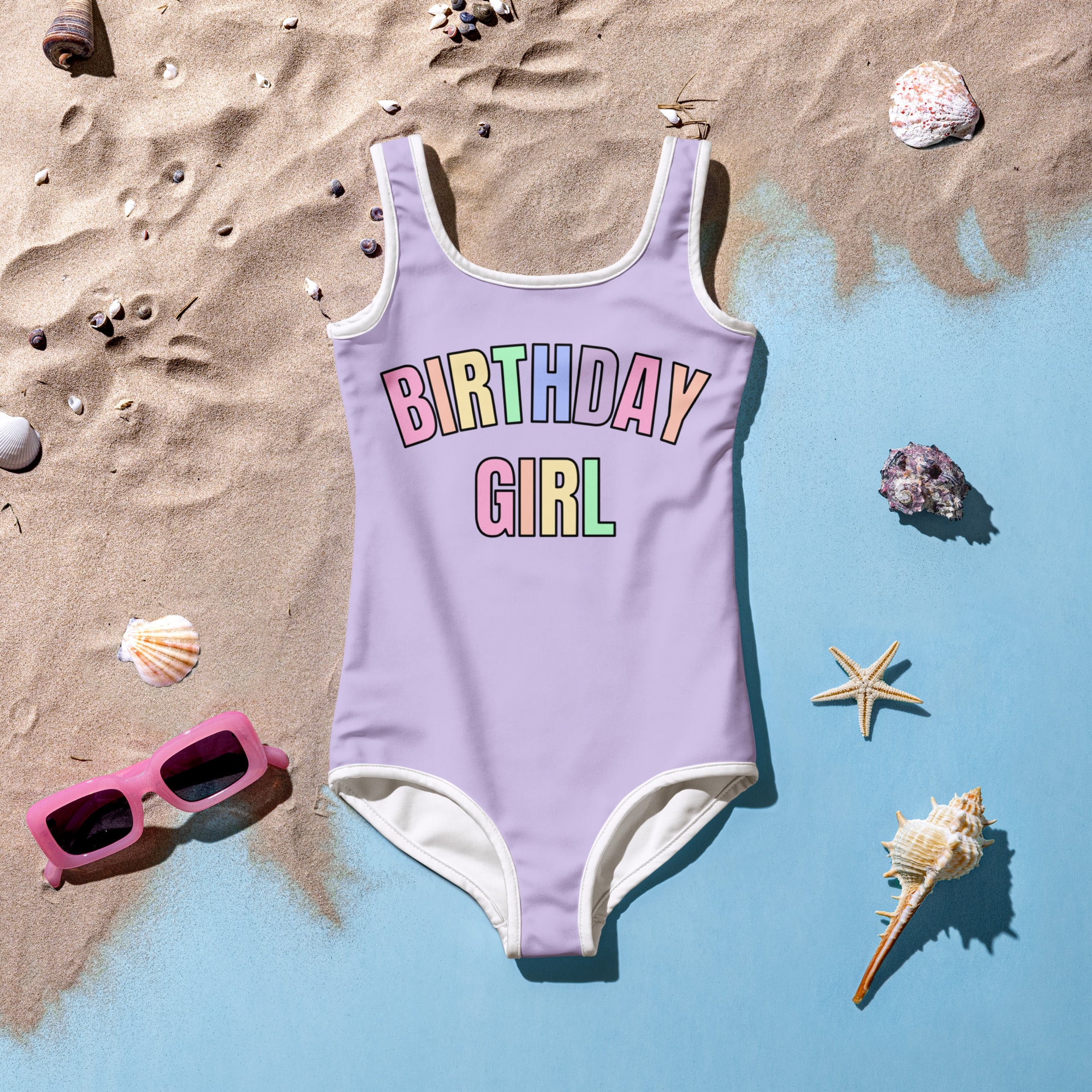 Birthday Girl Swimsuit With Pastel Rainbow Font