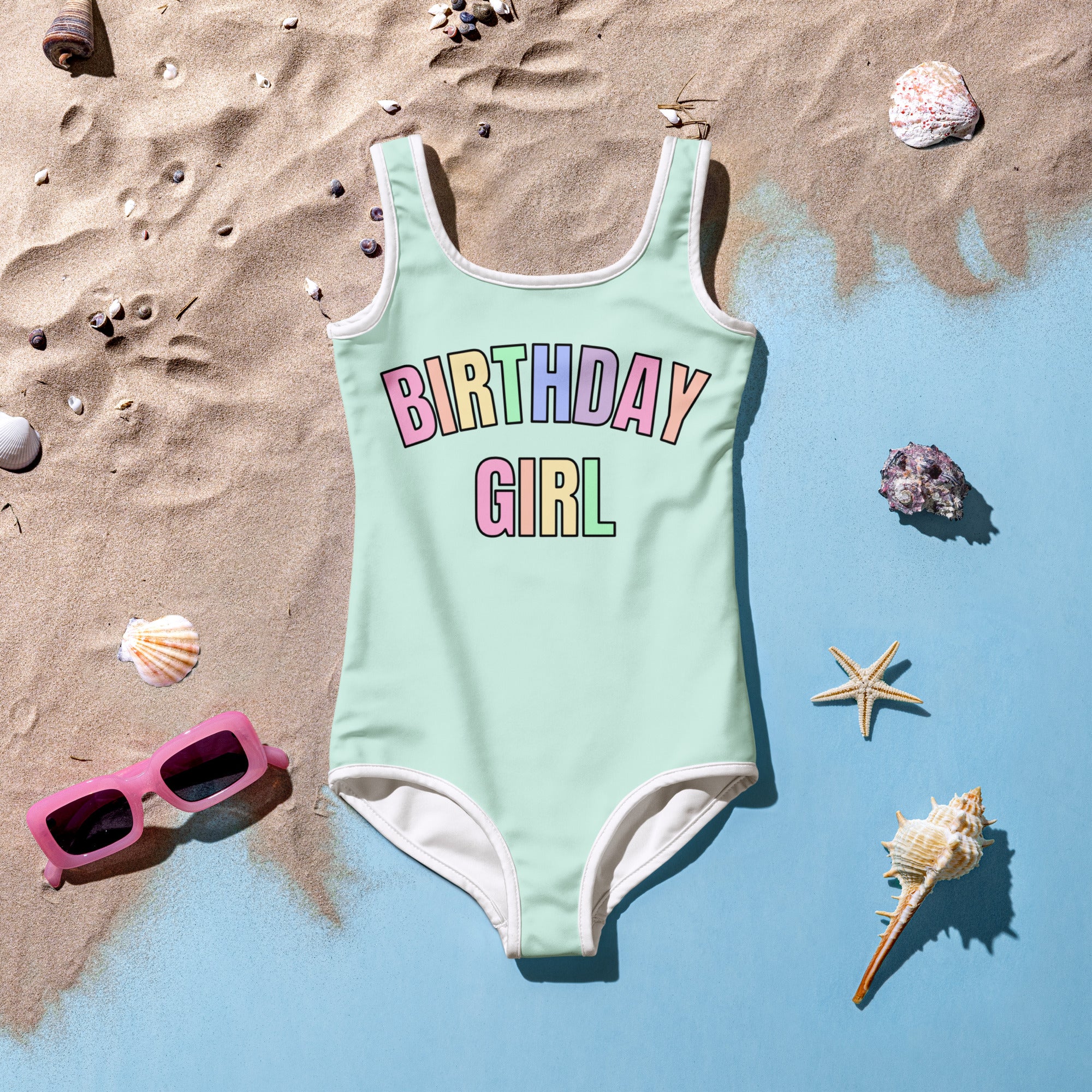 Birthday Girl Swimsuit With Pastel Rainbow Font