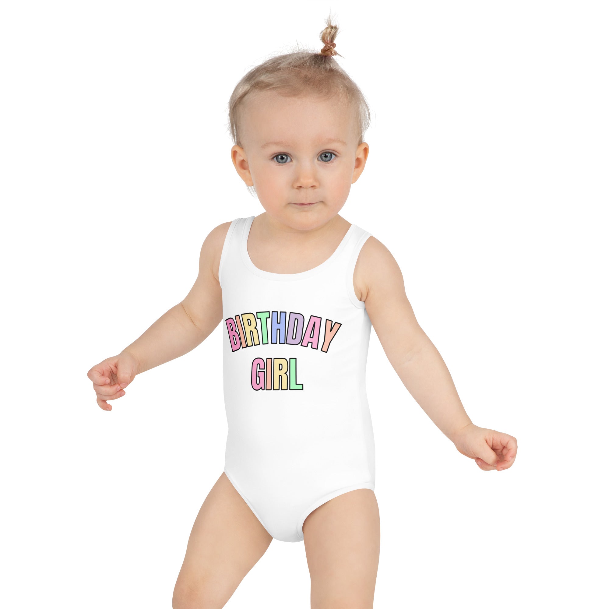 Birthday Girl Swimsuit With Pastel Rainbow Font