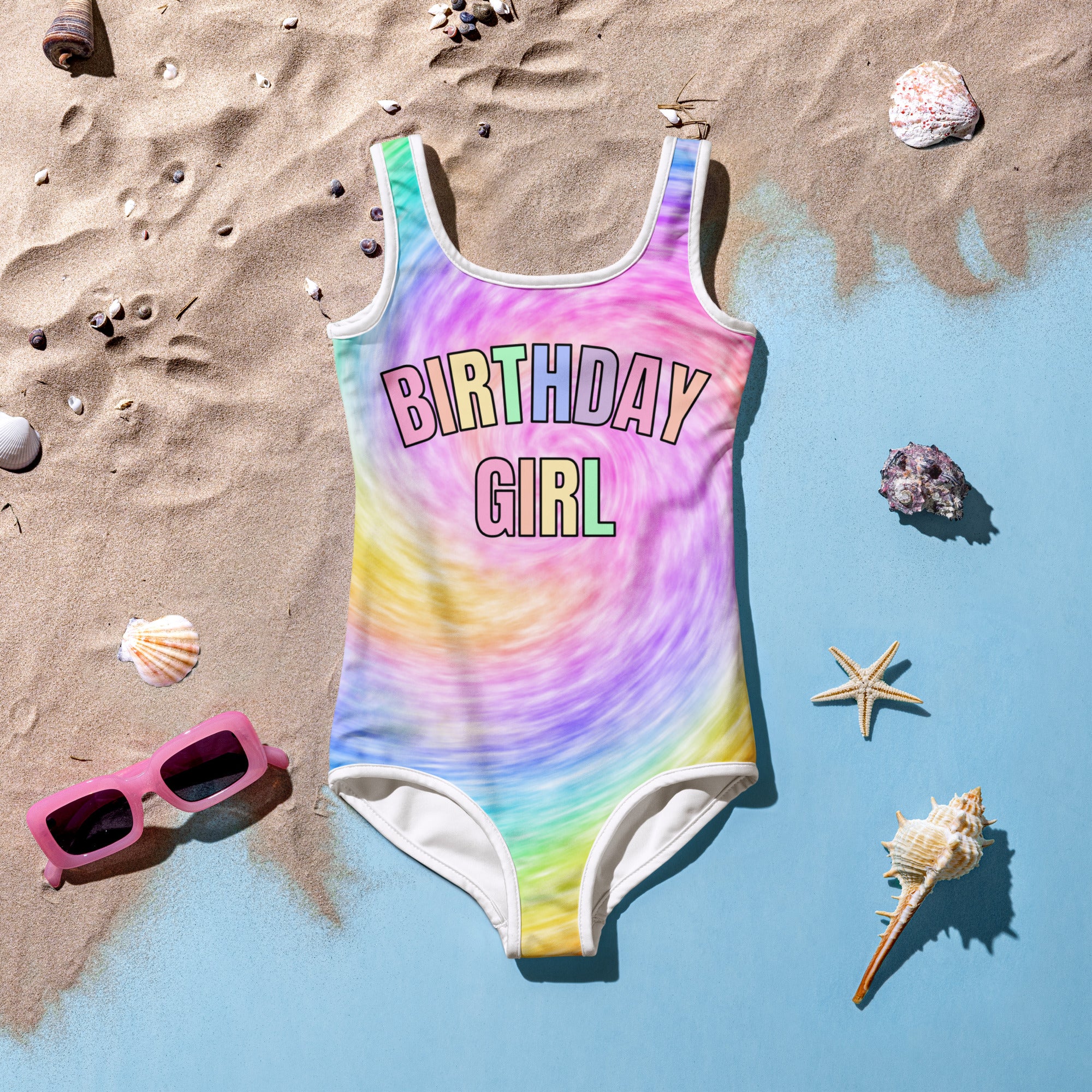 Girls Faux Rainbow Tie Dye Pastel Birthday Girl Swimsuit