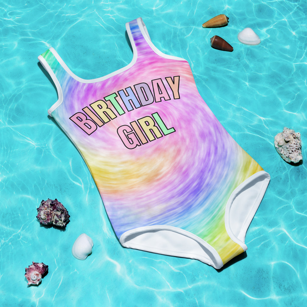 Girls Faux Rainbow Tie Dye Pastel Birthday Girl Swimsuit