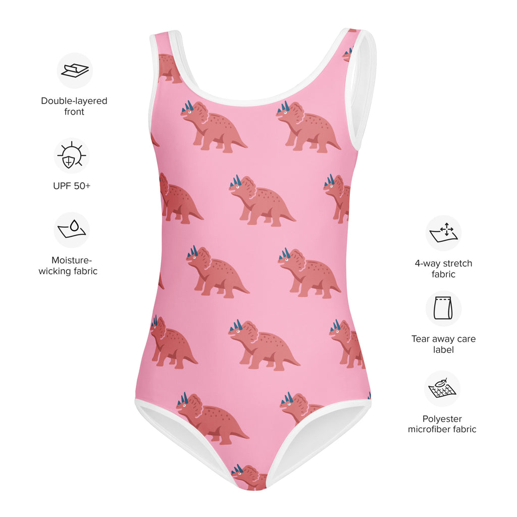Girls pink triceratops buttery soft one-piece swimsuit with brown dinosaur pattern white trim and upf 50+ protection