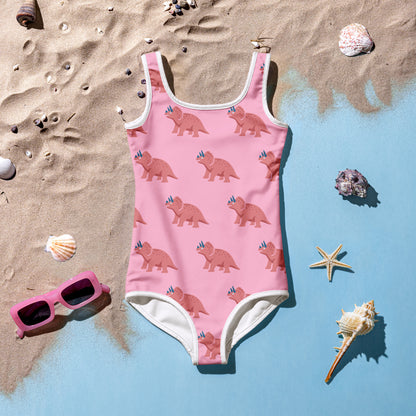 Girls Pink Triceratops Buttery Soft Swimsuit With UPF 50+