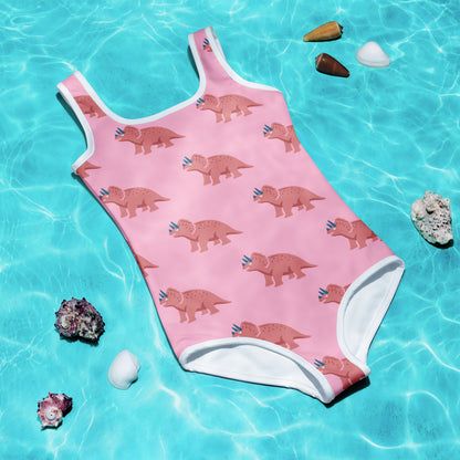 Girls Pink Triceratops Buttery Soft Swimsuit With UPF 50+
