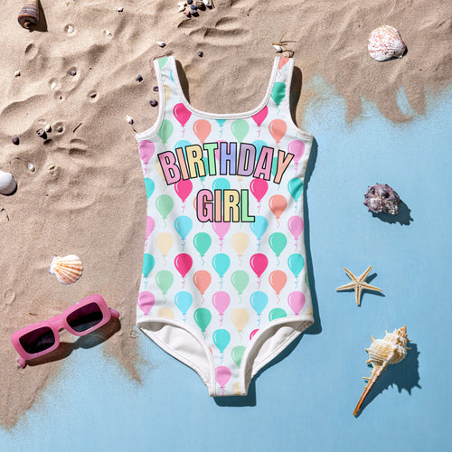 Girls birthday girl balloons buttery soft white one-piece swimsuit with pastel balloon pattern and upf 50 plus protection