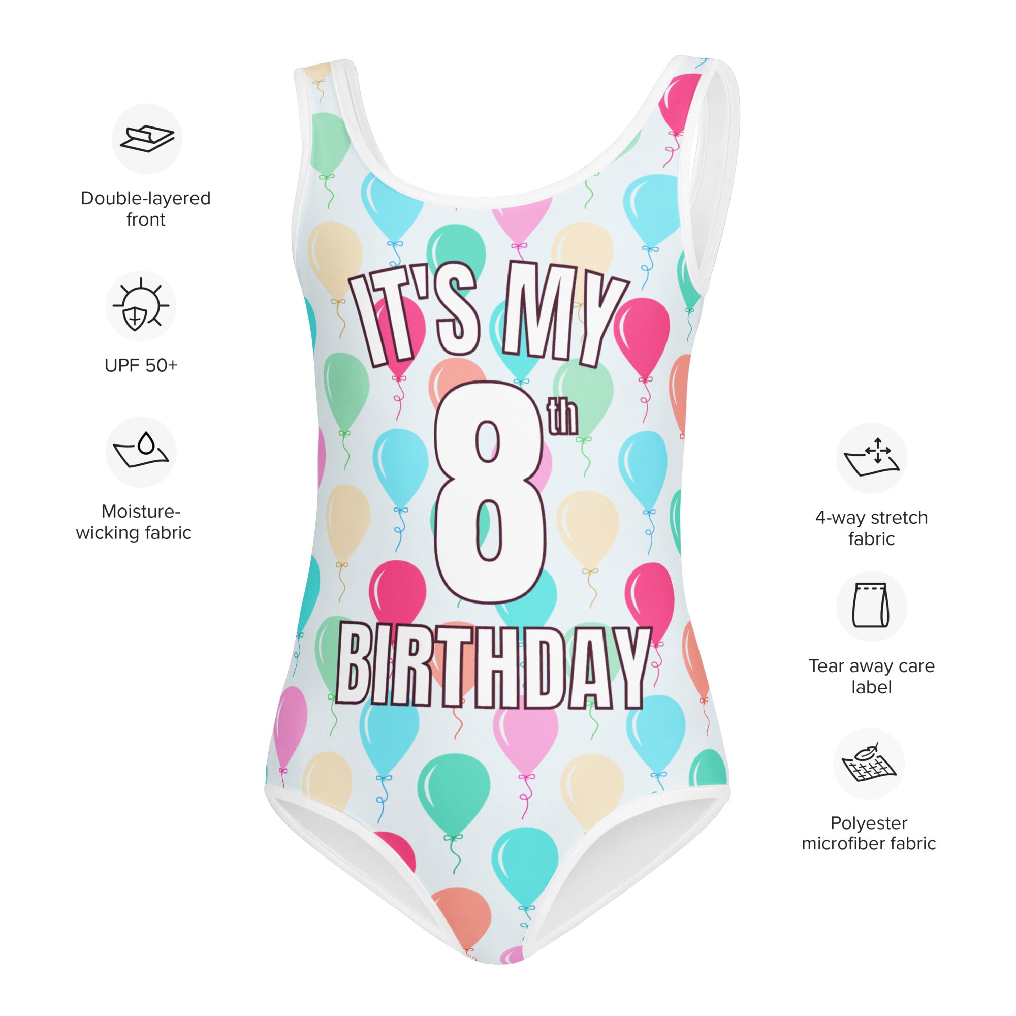 Girls Colorful Balloons Custom Age It's My Birthday Swimsuit, product specifications