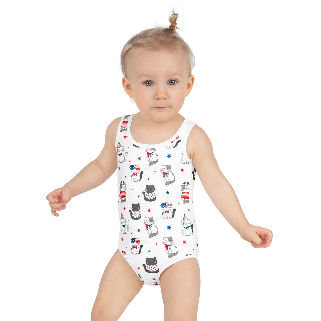White one-piece girls swimsuit with patriotic cat pattern buttery soft fabric and upf 50 plus sun protection