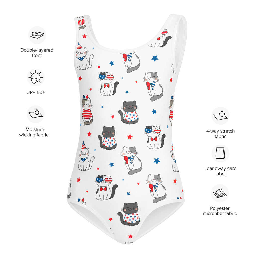 Girls patriotic white one-piece swimsuit with buttery soft fabric cartoon cats and stars pattern upf 50+ protection