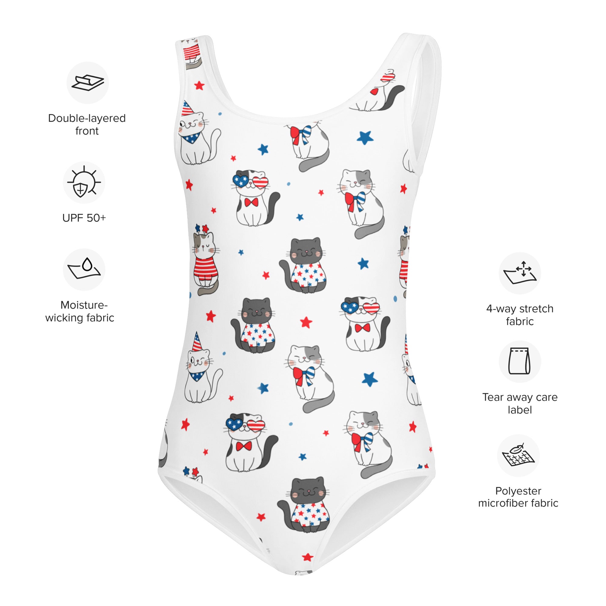 Girls patriotic white one-piece swimsuit with buttery soft fabric cartoon cats and stars pattern upf 50+ protection