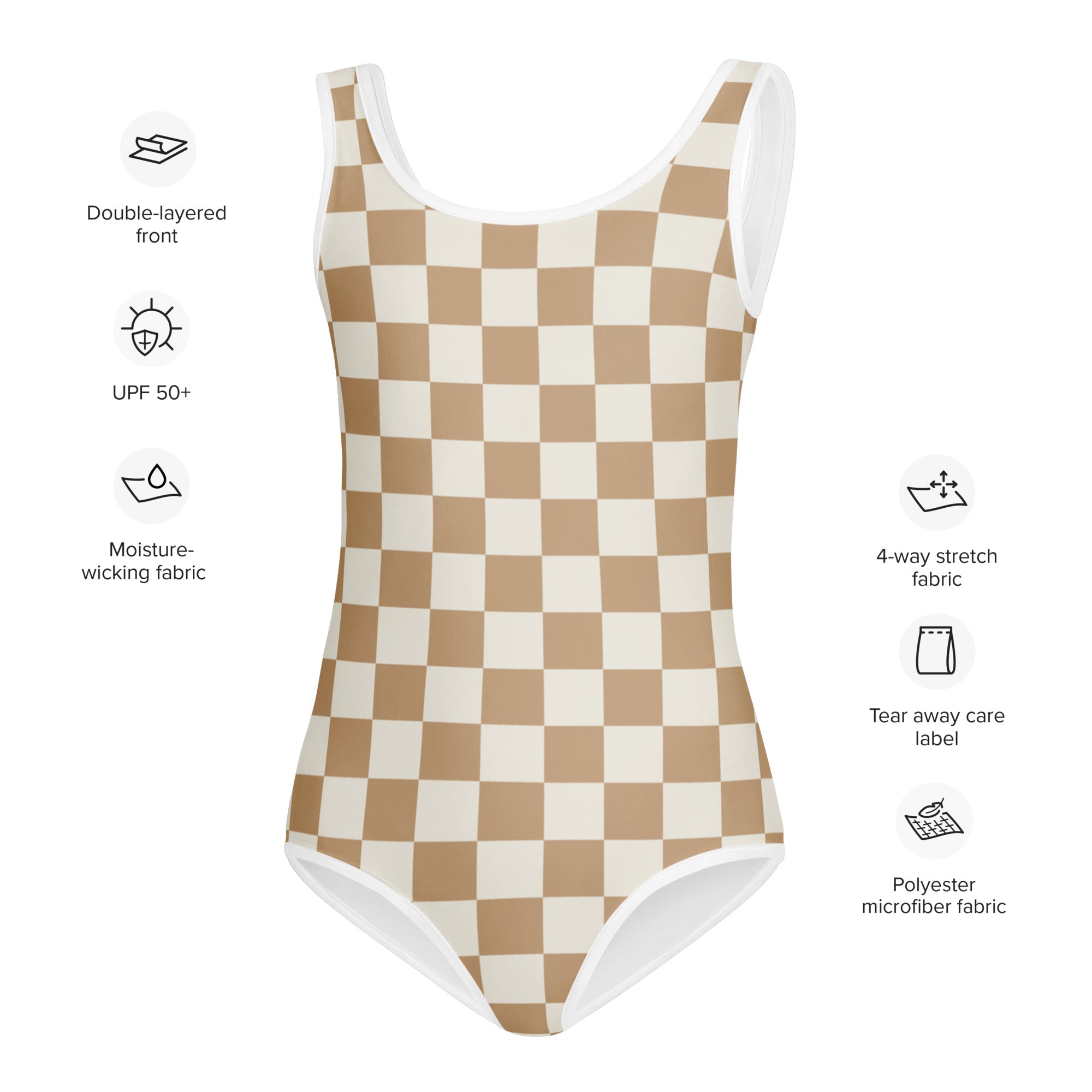Beige and white checkered girls one-piece swimsuit with double-layered front made from moisture-wicking polyester microfiber