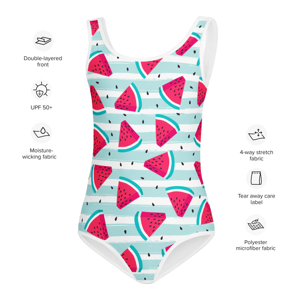 Girls striped watermelon one-piece swimsuit with red and green slices on blue stripes made of moisture-wicking polyester microfiber