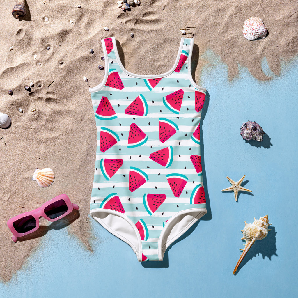 A vibrant girls striped watermelon one-piece swimsuit with mint green and white stripes on buttery soft fabric with UPF 50+