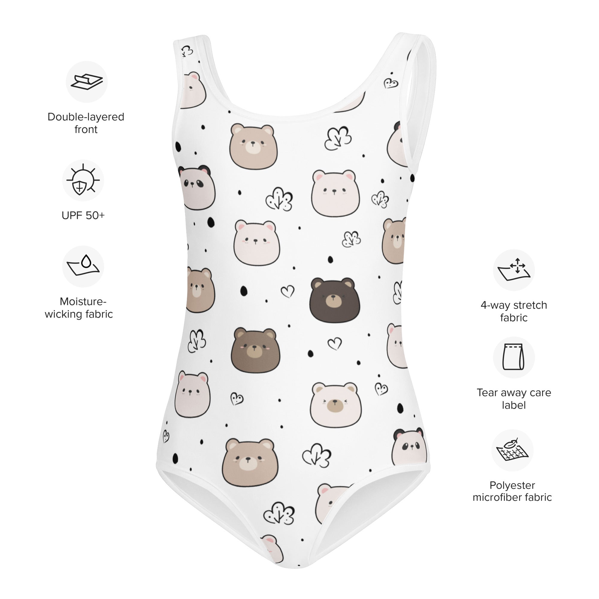 Girls kawaii bear buttery soft white one-piece swimsuit with cartoon bears heart and leaf pattern UPF 50 plus protection