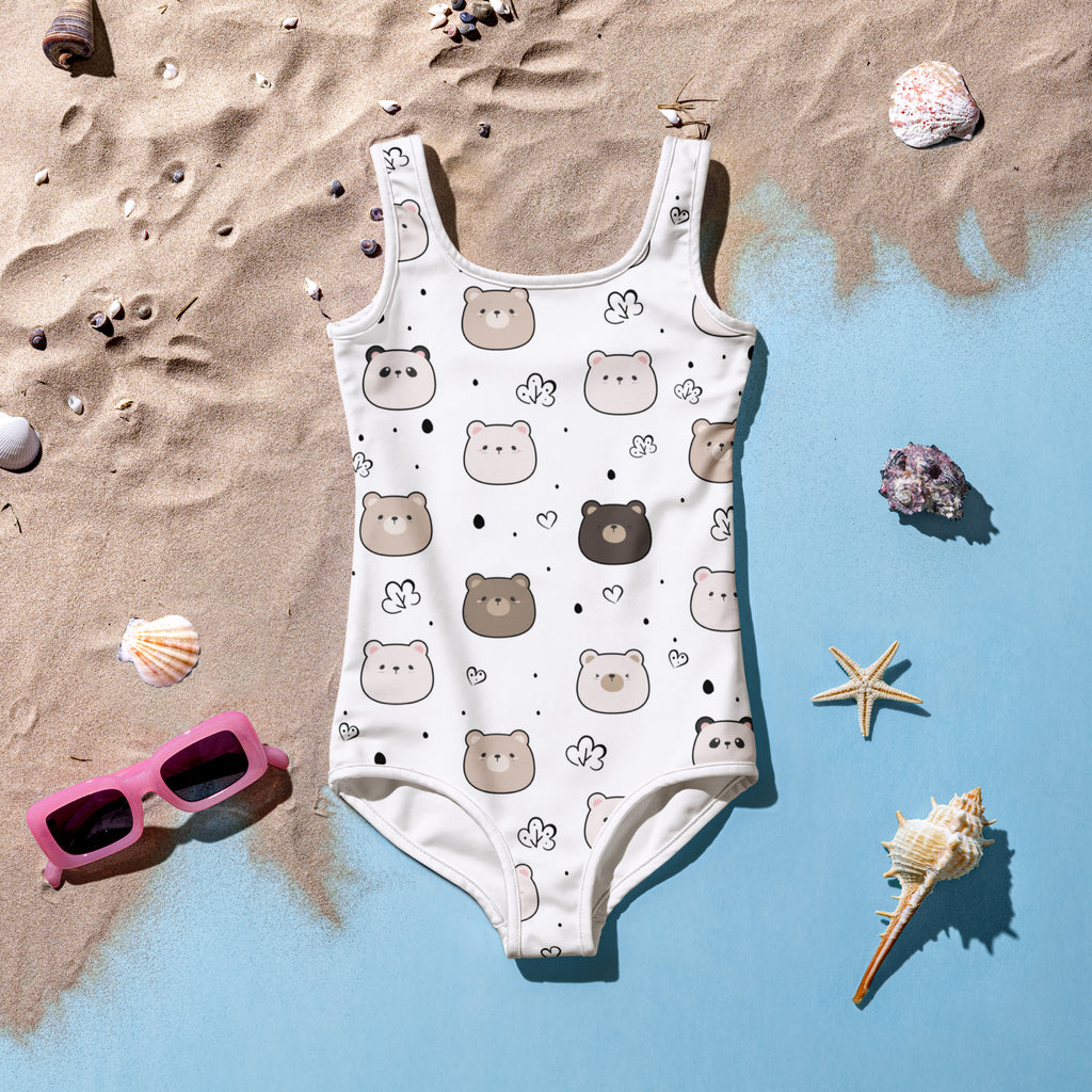 White girls kawaii bear one-piece swimsuit with playful cartoon bears hearts clouds buttery soft fabric upf 50+