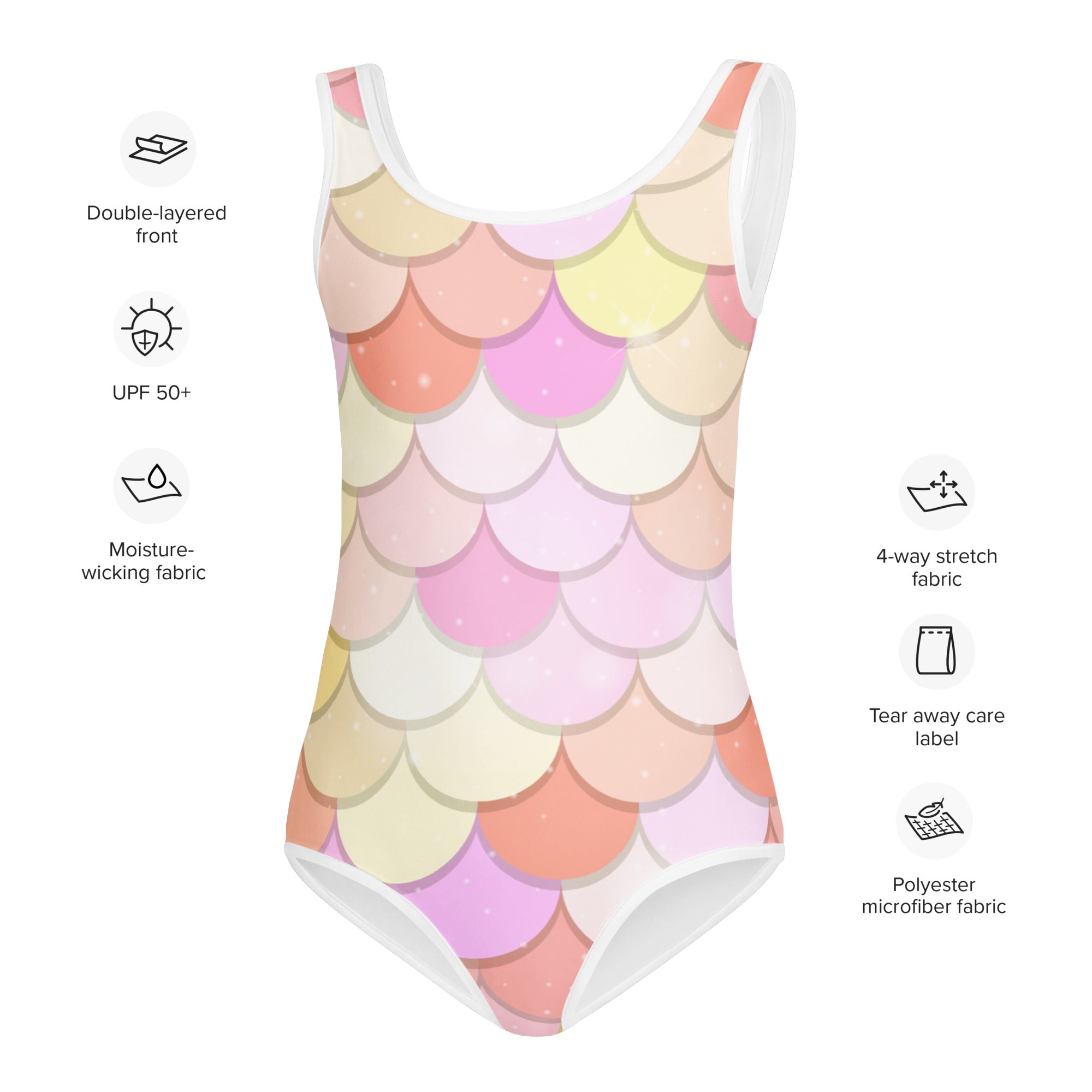 Girls pink and orange pastel mermaid-scale one-piece swimsuit with white trim buttery soft fabric and upf 50 plus protection