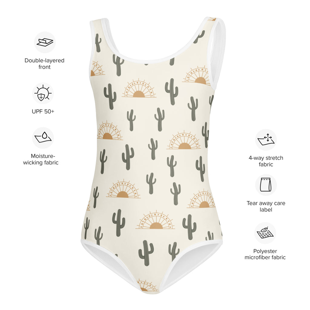 Girls cream-colored one-piece swimsuit with cactus and sun motif made from polyester microfiber with UPF 50 plus