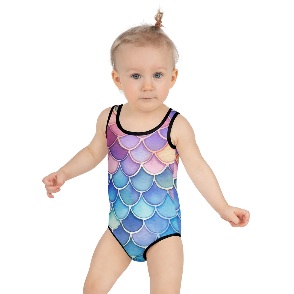 A child wearing a girls watercolor mermaid scales buttery soft swimsuit with upf 50 plus in purple pink and blue gradient