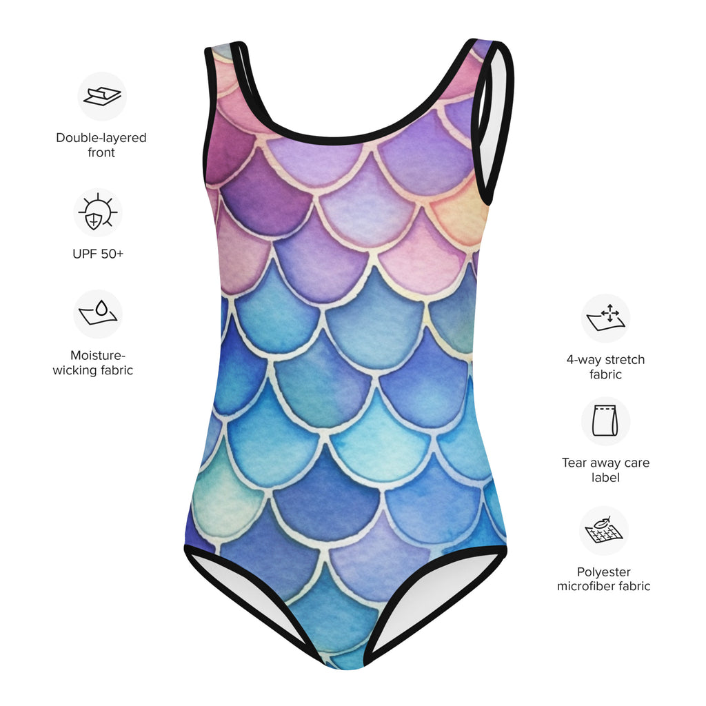 A girls watercolor mermaid scales buttery soft one-piece swimsuit in purple pink blue and teal with black trim and upf 50 plus