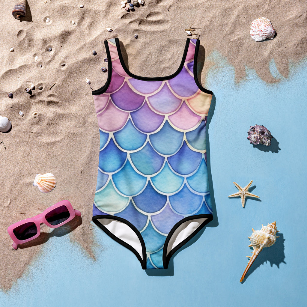 Girls watercolor mermaid scales buttery soft one-piece swimsuit with gradient purple pink blue pattern and black trim with UPF 50+